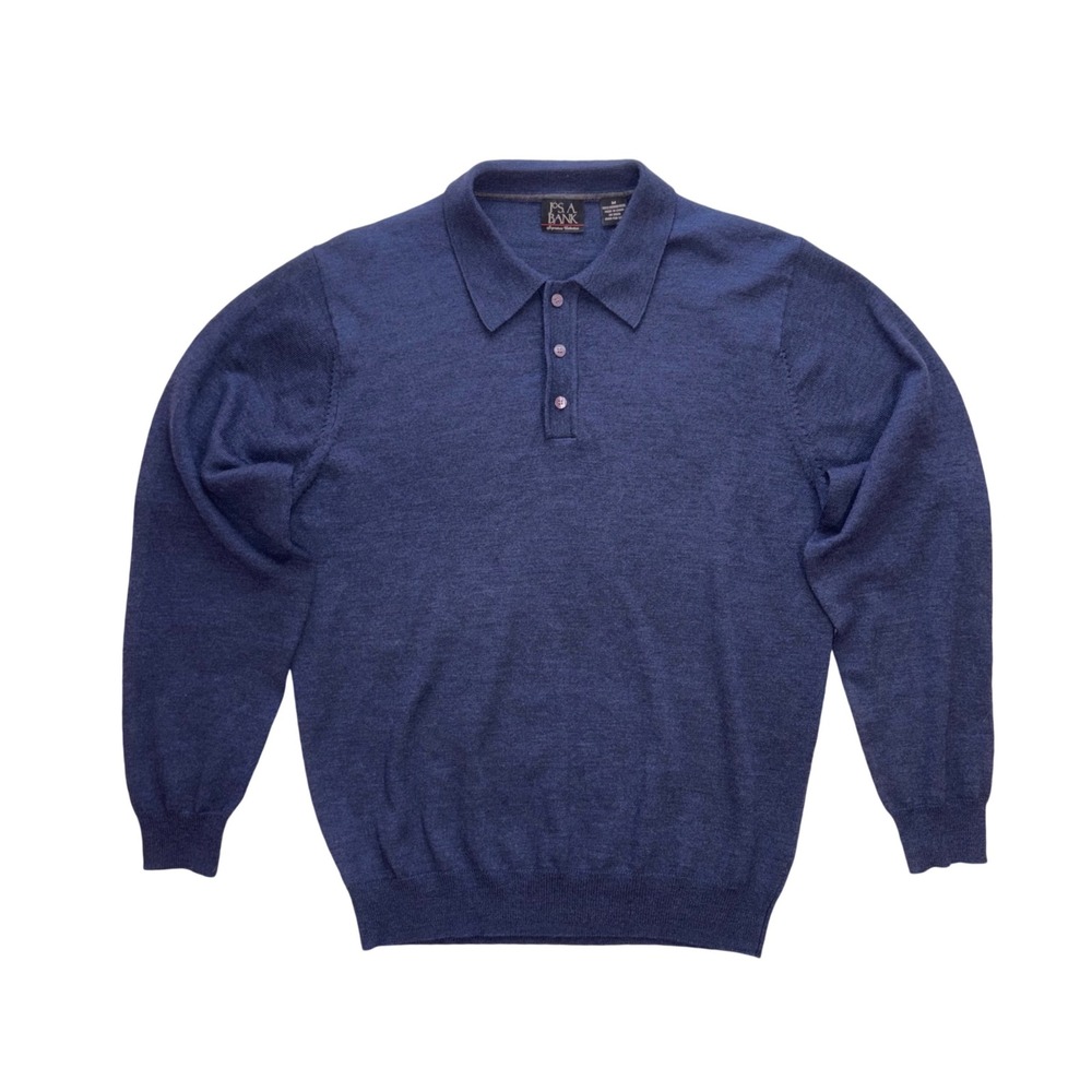 JOS A BANK Polo Sweater Mens M Blue Merino Wool Long Sleeve Signature Collection